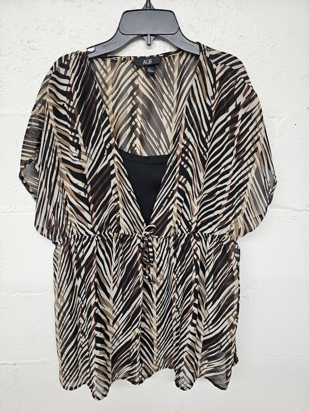 Agb Womens Blouse Shirt Top Size XL Brown Black Zebra Print Ruffle Ruched